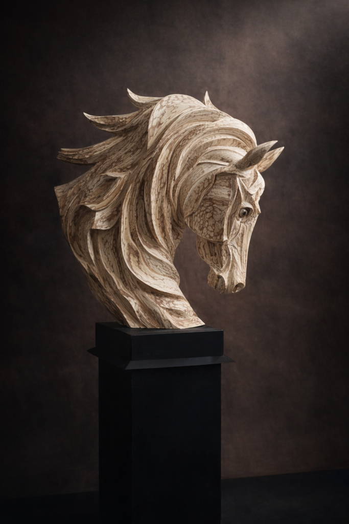 Intricately carved wooden horse head sculpture on black pedestal.